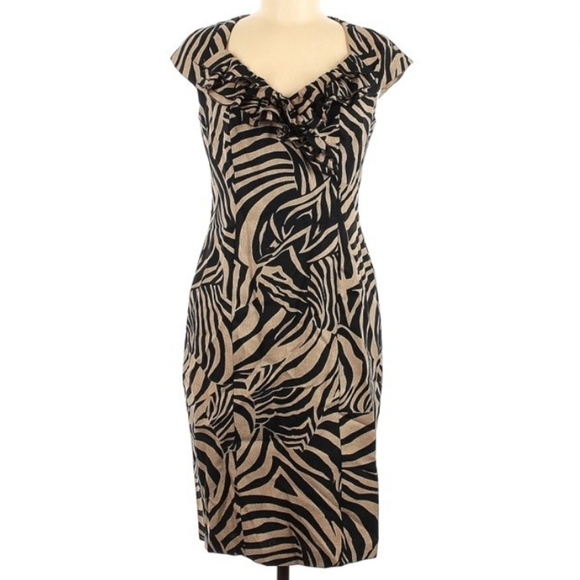 KAY UNGER Sheath Dress Tan Zebra Print Ruffle Neck Cap Sleeve Lined Women's 6 - Picture 2 of 13